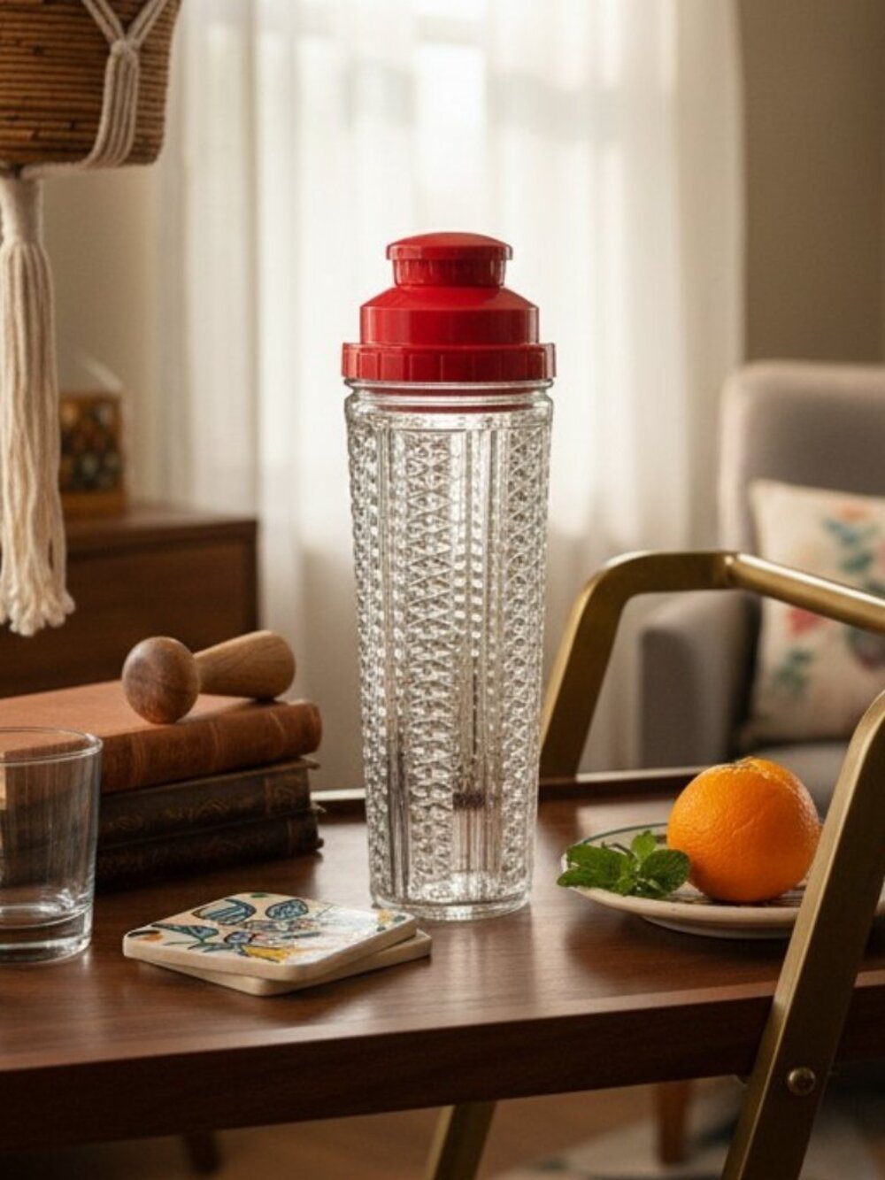 MCM Dial A Drink Skyscraper Glass Cocktail Shaker Red Recipe Lid Vintage Medco